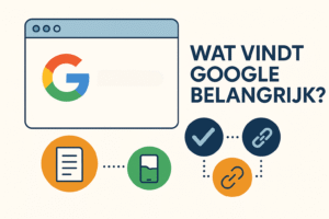Wat vindt Google belangrijk: Illustratie van Google rankingfactoren zoals content, mobielvriendelijkheid en backlinks