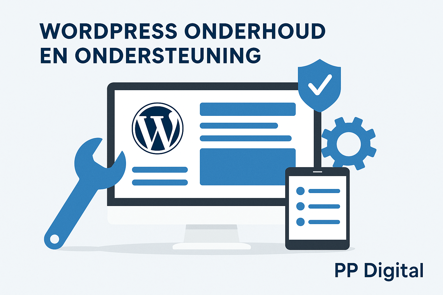 Illustratie van WordPress-logo, gereedschap en beveiliging – WordPress onderhoud en ondersteuning door PP Digital