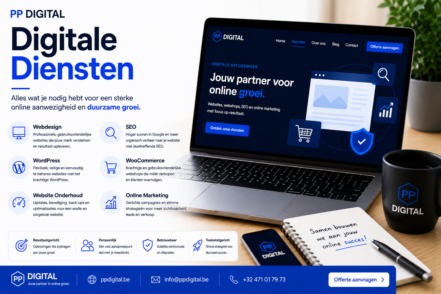 Digitale diensten van PP Digital voor webdesign, SEO en online groei